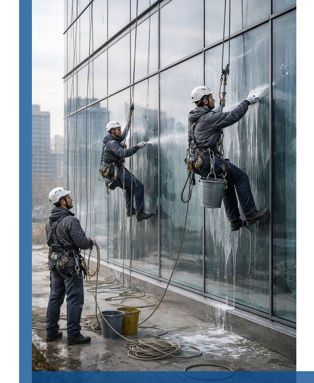 Промышленная мойка панорамных окон на высоте в Истре