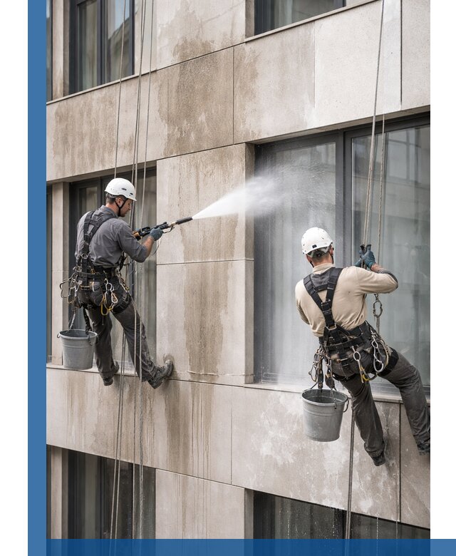 Послестроительная мойка фасада промышленным альпинизмом в Истре