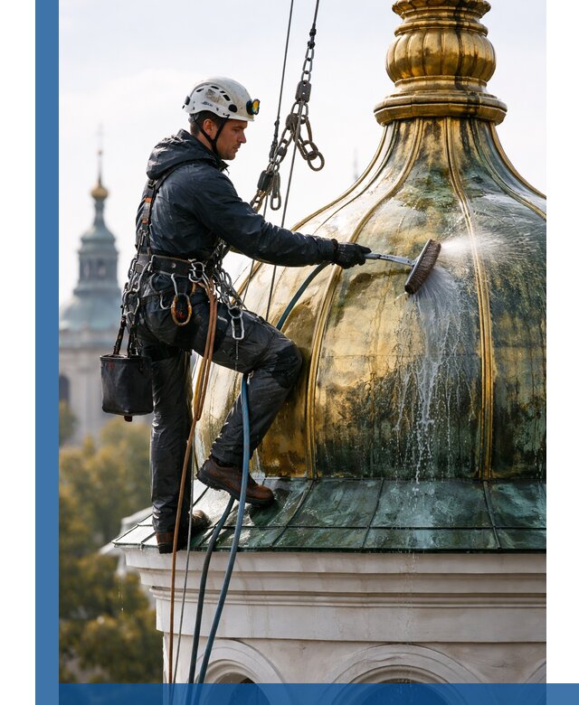 Профессиональная мойка куполов и шпилей высотными альпинистами в Истре