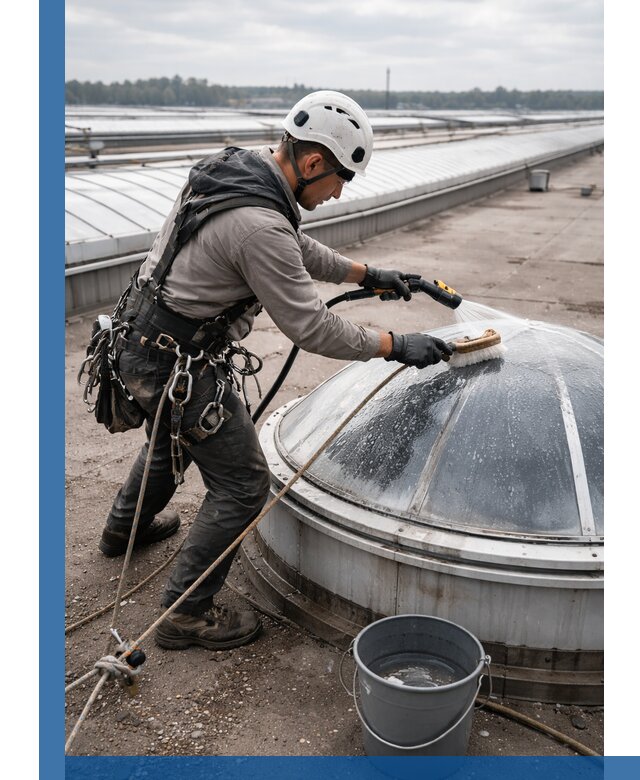 Мойка зенитных фонарей на кровле для промышленных объектов в Истре