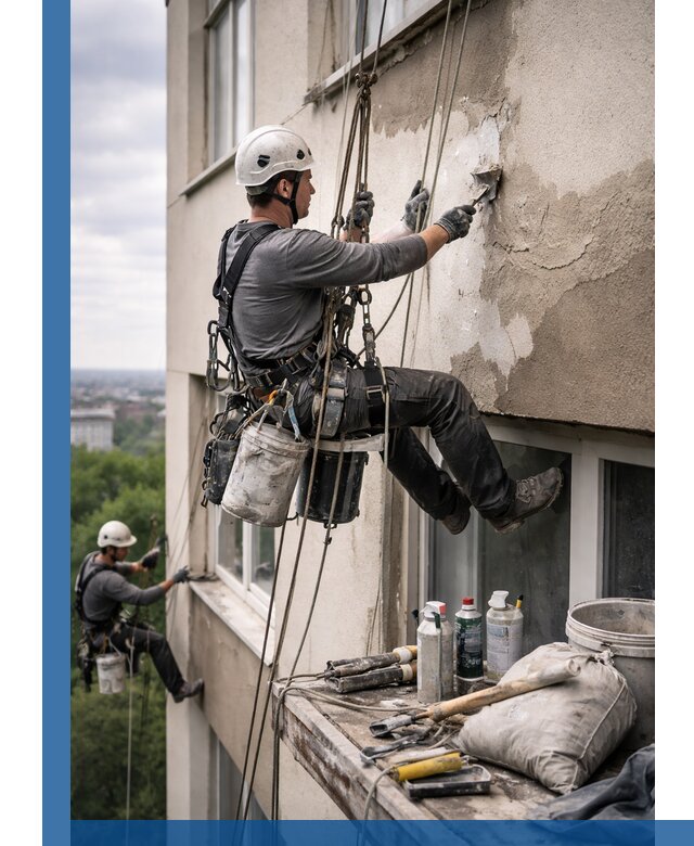 Косметический ремонт фасада зданий в Истре промышленными альпинистами