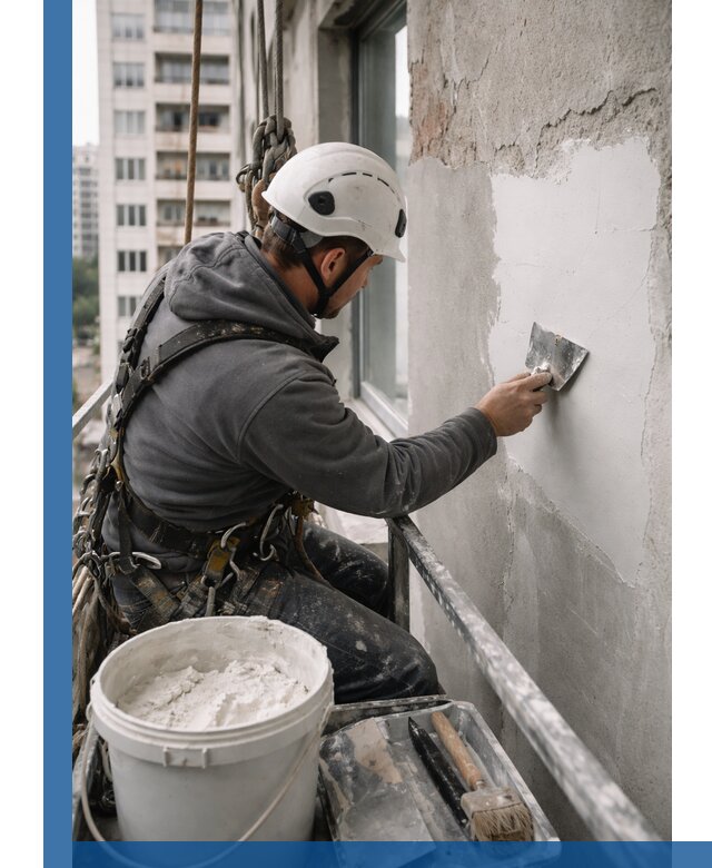 Шпаклевка фасадов на высоте с промальпинистами в Истре