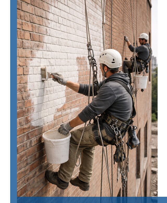 Покраска кирпичного фасада с доступным альпинистским сервисом в Истре