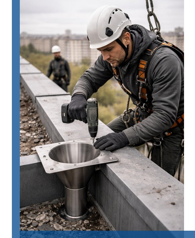 Монтаж водосточных воронок в Истре для промышленных зданий