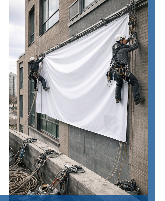 Монтаж баннеров на фасаде в Истре от 660 р. заказать ВЫСОТНИК-Ста