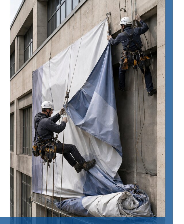 Демонтаж баннеров с фасада в Истре от 4572 р. | ВЫСОТНИК-Ста