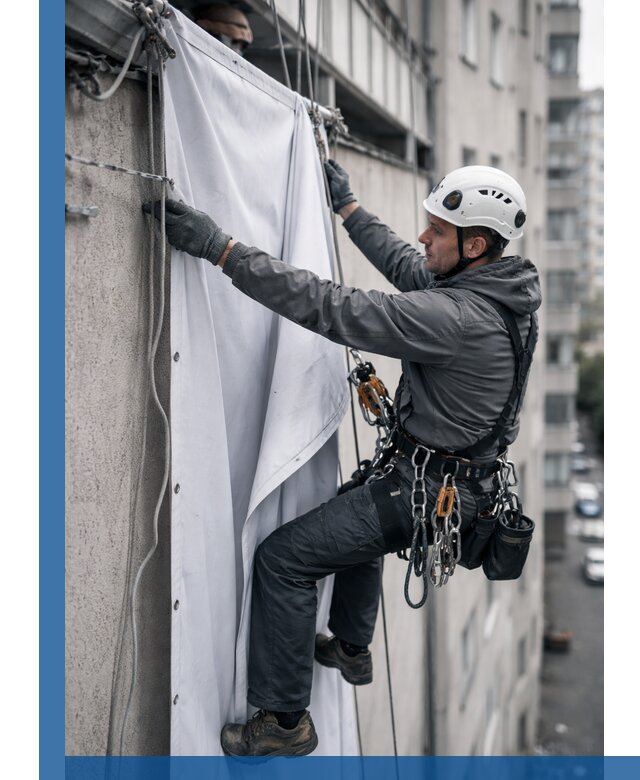 Замена баннерного полотна промышленными альпинистами в Истре