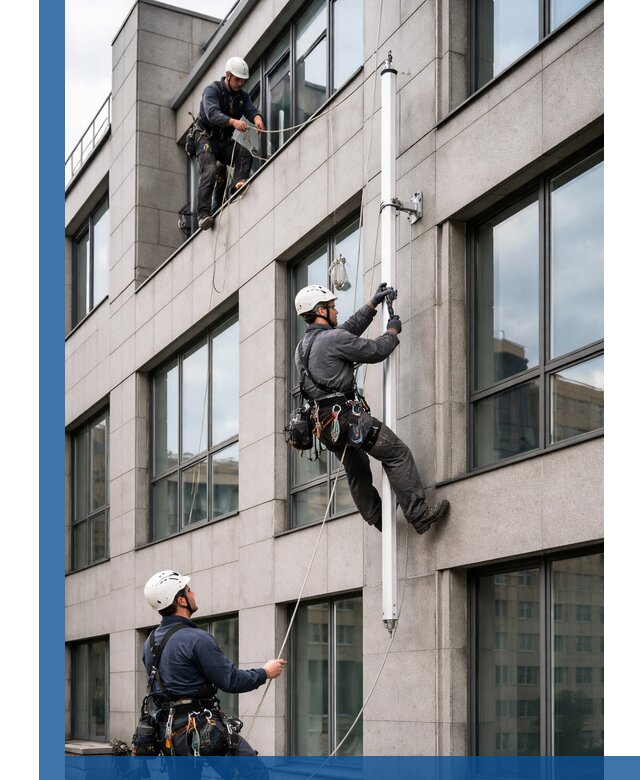 Монтаж флагштока на фасаде здания с креплением и герметикой в Истре