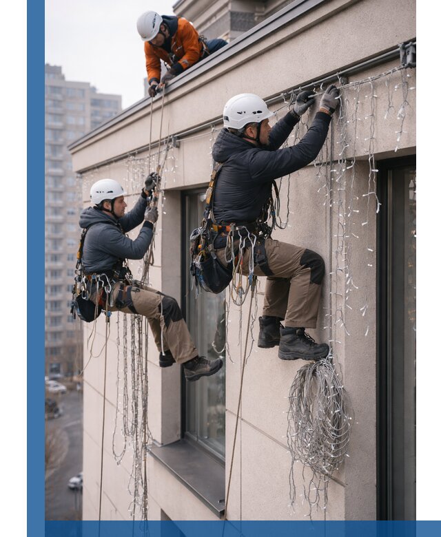 Монтаж праздничных гирлянд на фасаде в Истре для зданий