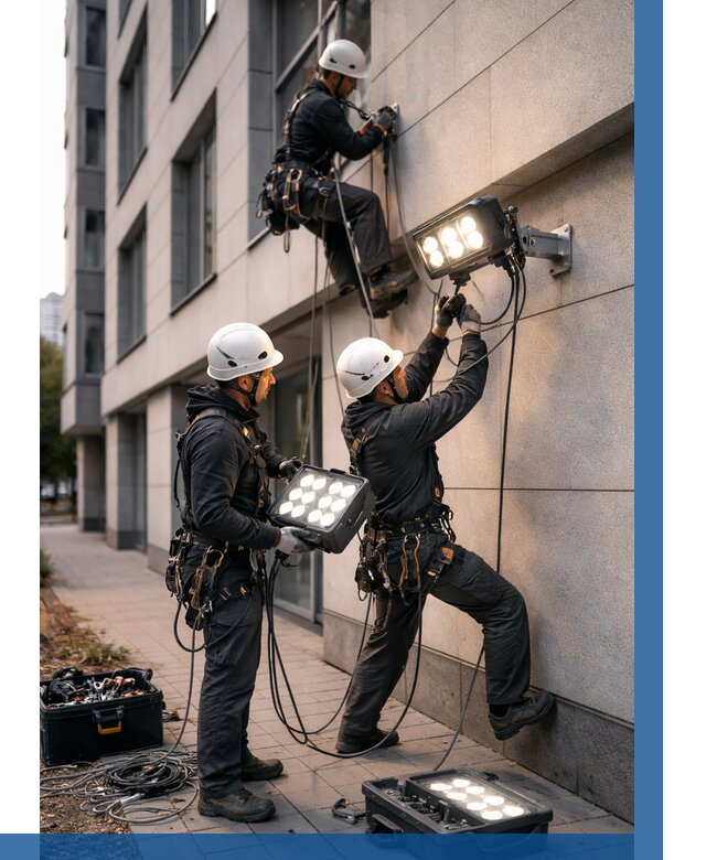 Монтаж прожекторов на фасаде в Истре от 7620 р. | ВЫСОТНИК-Ста
