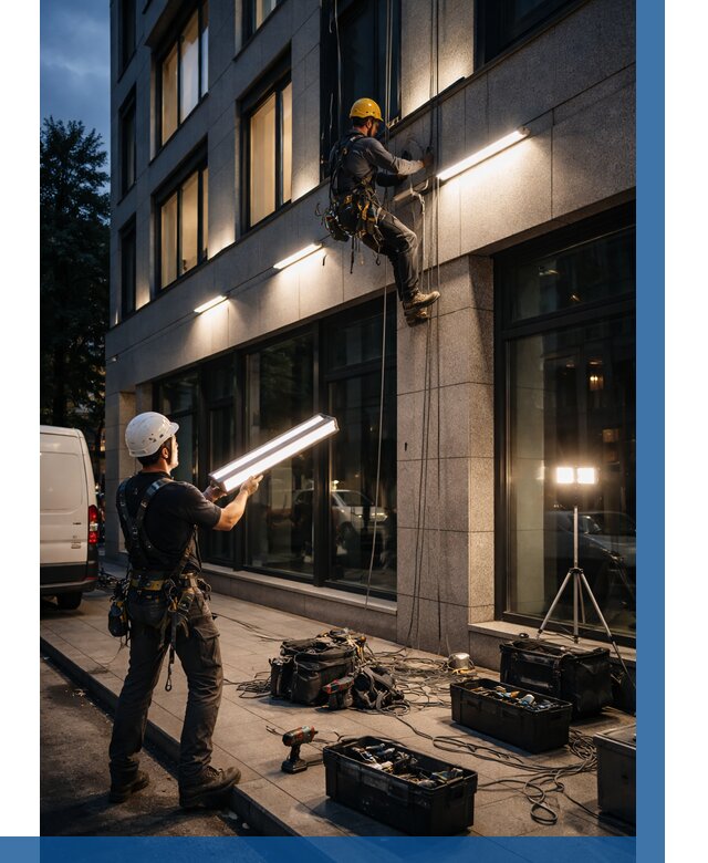 Монтаж архитектурной подсветки здания в Истре от 2540 р.|ВЫСОТНИК-Ста