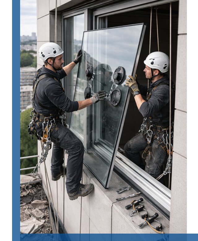 Замена стеклопакетов на высоте с промышленными альпинистами в Истре