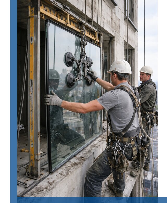 Монтаж стеклопакетов на высоте в Истре с промышленным альпинизмом