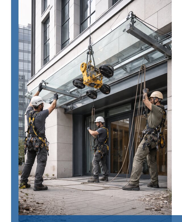 Монтаж стеклянных козырьков под ключ в Истре для зданий