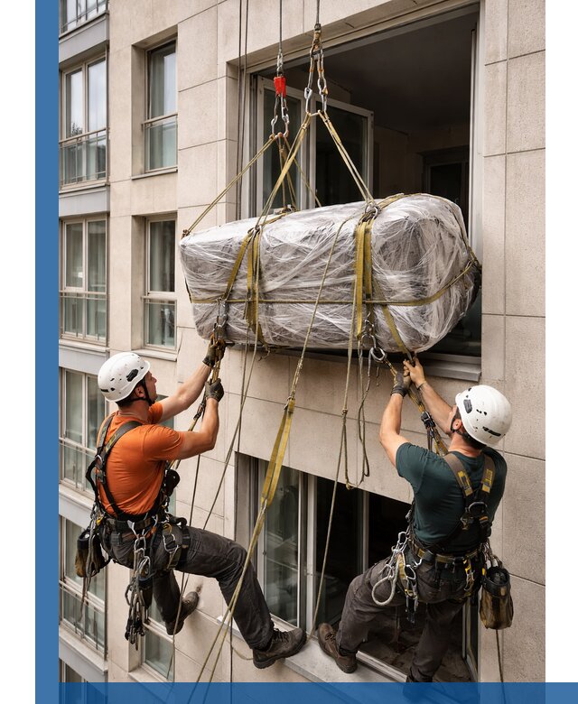 Подъем грузов через окно в Истре промышленными альпинистами